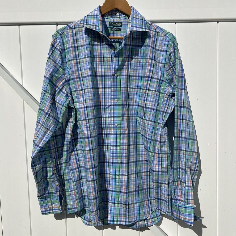 Lauren Ralph Lauren Men's Button Down Shirt Front Up Plaid Blue Green Large 16